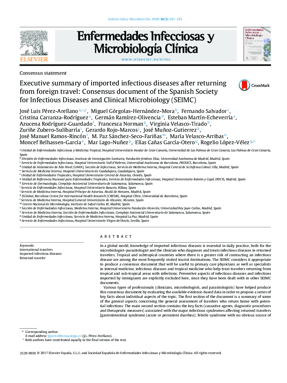 عکس صفحه اول مقاله: Executive summary of imported infectious diseases after returning from foreign travel: Consensus document of the Spanish Society for Infectious Diseases and Clinical Microbiology (SEIMC) Executive summary of imported infectious diseases after returning from foreign travel: Consensus document of the Spanish Society for Infectious Diseases and Clinical Microbiology (SEIMC)