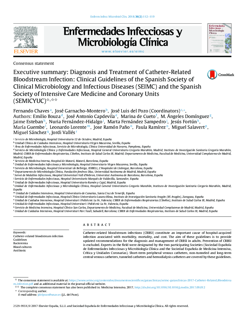 Executive summary: Diagnosis and Treatment of Catheter-Related Bloodstream Infection: Clinical Guidelines of the Spanish Society of Clinical Microbiology and Infectious Diseases (SEIMC) and the Spanish Society of Intensive Care Medicine and Coronary Units