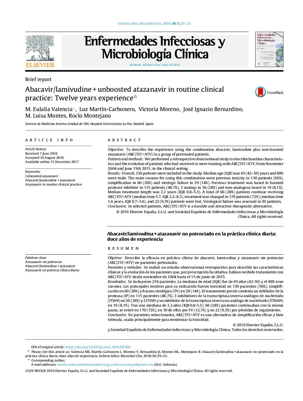 Abacavir/lamivudineÂ +Â unboosted atazanavir in routine clinical practice: Twelve years experience