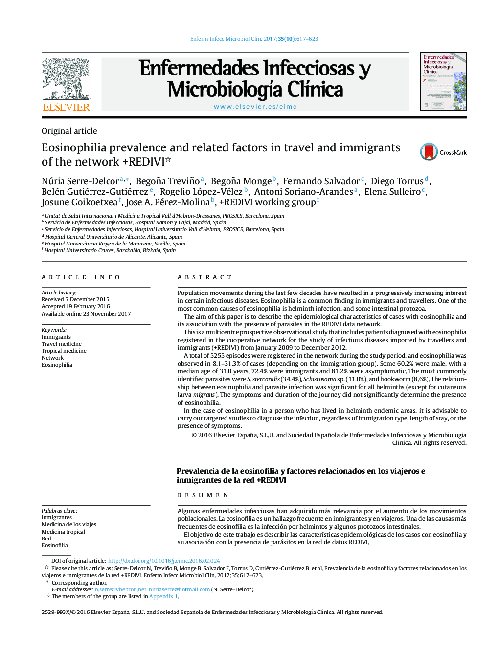 Eosinophilia prevalence and related factors in travel and immigrants of the network +REDIVI