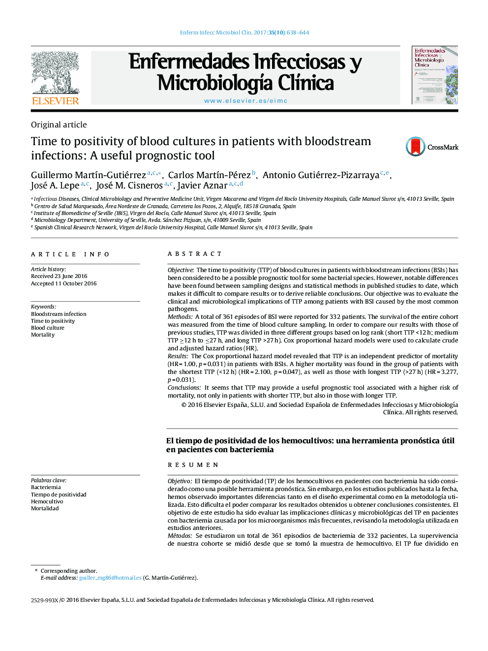 Time to positivity of blood cultures in patients with bloodstream infections: A useful prognostic tool