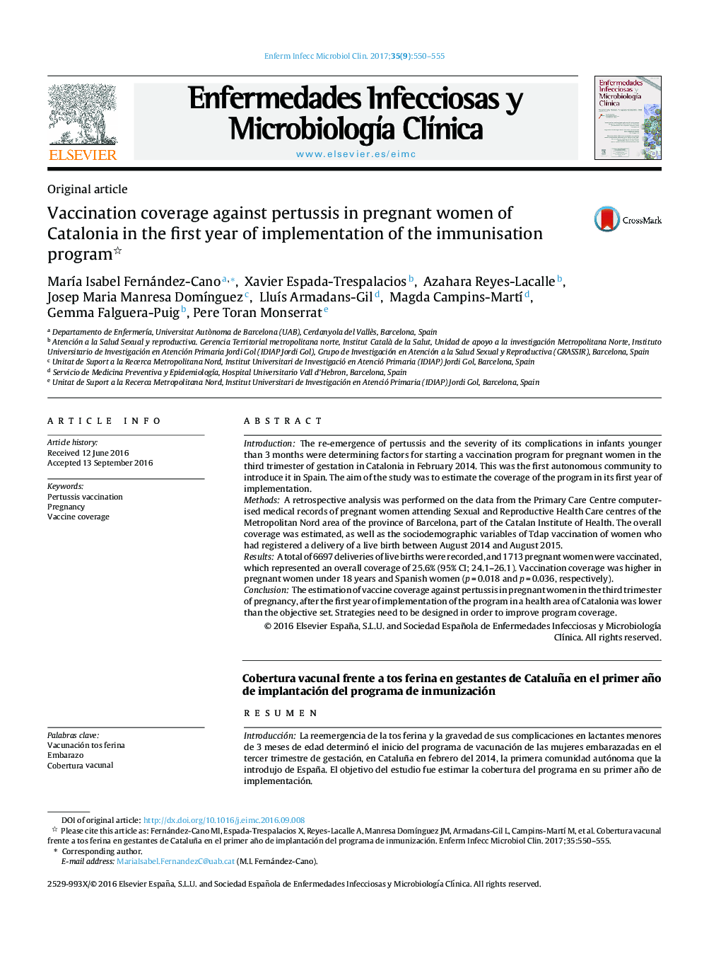 Vaccination coverage against pertussis in pregnant women of Catalonia in the first year of implementation of the immunisation program