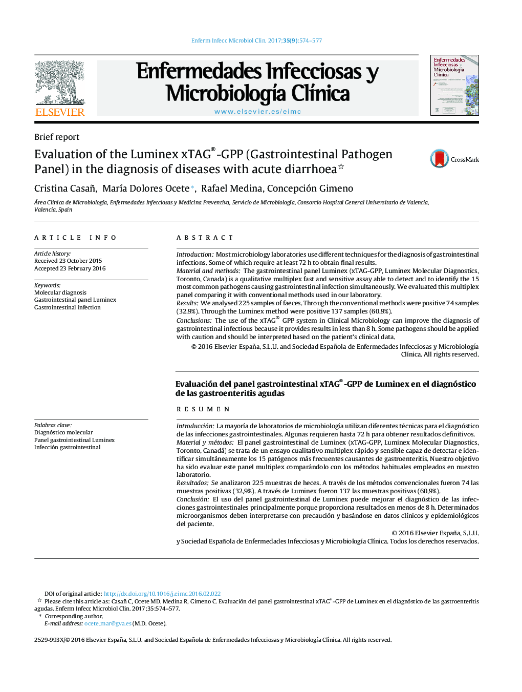 Evaluation of the Luminex xTAG®-GPP (Gastrointestinal Pathogen Panel) in the diagnosis of diseases with acute diarrhoea