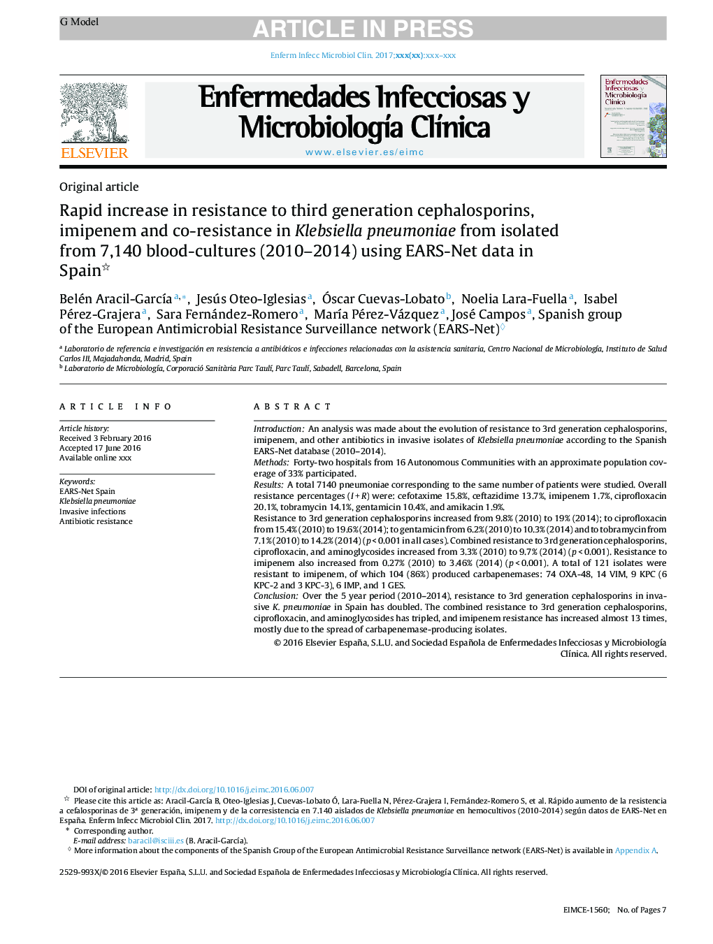 عکس صفحه اول مقاله: Rapid increase in resistance to third generation cephalosporins, imipenem and co-resistance in Klebsiella pneumoniae from isolated from 7,140 blood-cultures (2010-2014) using EARS-Net data in Spain Rapid increase in resistance to third generation cephalosporins, imipenem and co-resistance in Klebsiella pneumoniae from isolated from 7,140 blood-cultures (2010-2014) using EARS-Net data in Spain