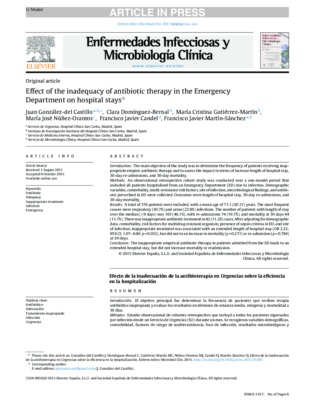 Effect of the inadequacy of antibiotic therapy in the Emergency Department on hospital stays