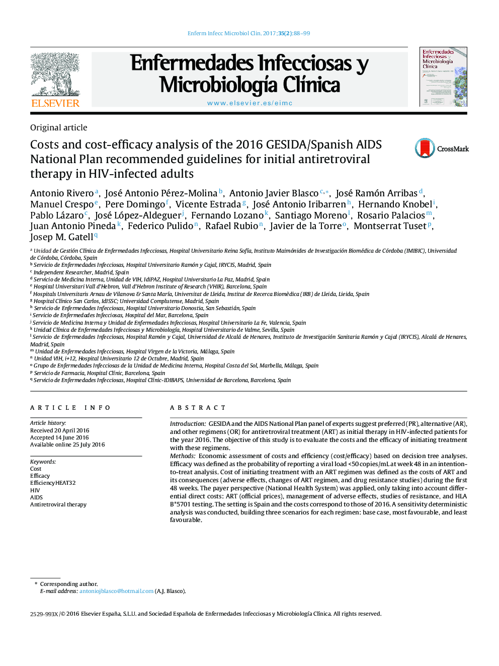 Costs and cost-efficacy analysis of the 2016 GESIDA/Spanish AIDS National Plan recommended guidelines for initial antiretroviral therapy in HIV-infected adults