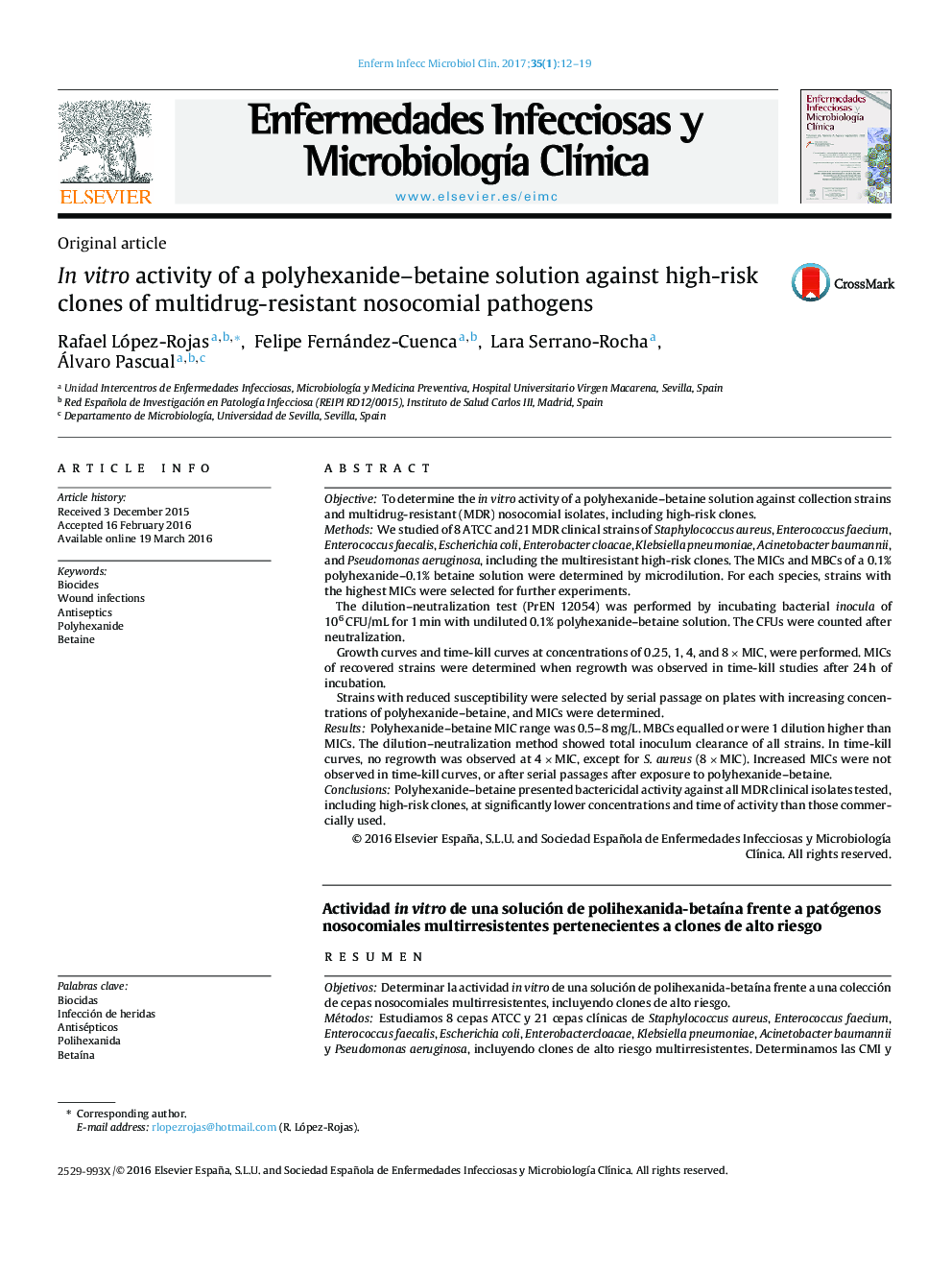 In vitro activity of a polyhexanide-betaine solution against high-risk clones of multidrug-resistant nosocomial pathogens