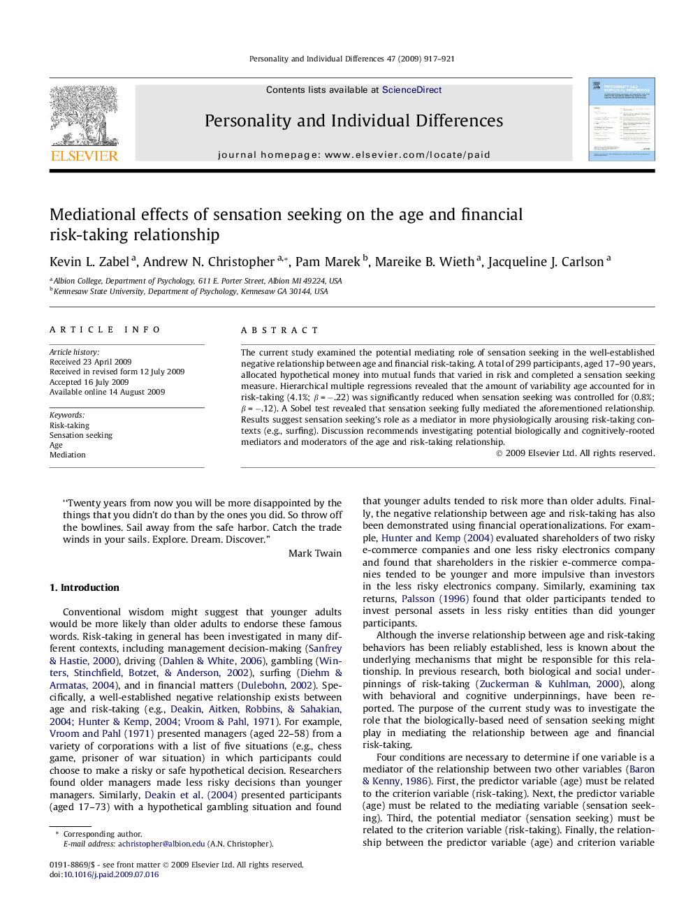 Mediational effects of sensation seeking on the age and financial risk-taking relationship