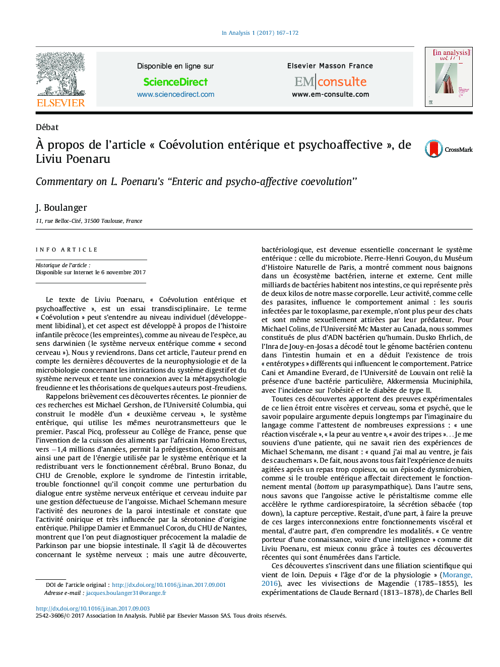Ã propos de l'article Â«Â Coévolution entérique et psychoaffectiveÂ Â», de Liviu Poenaru