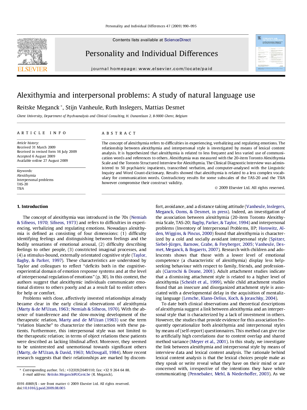 Alexithymia and interpersonal problems: A study of natural language use