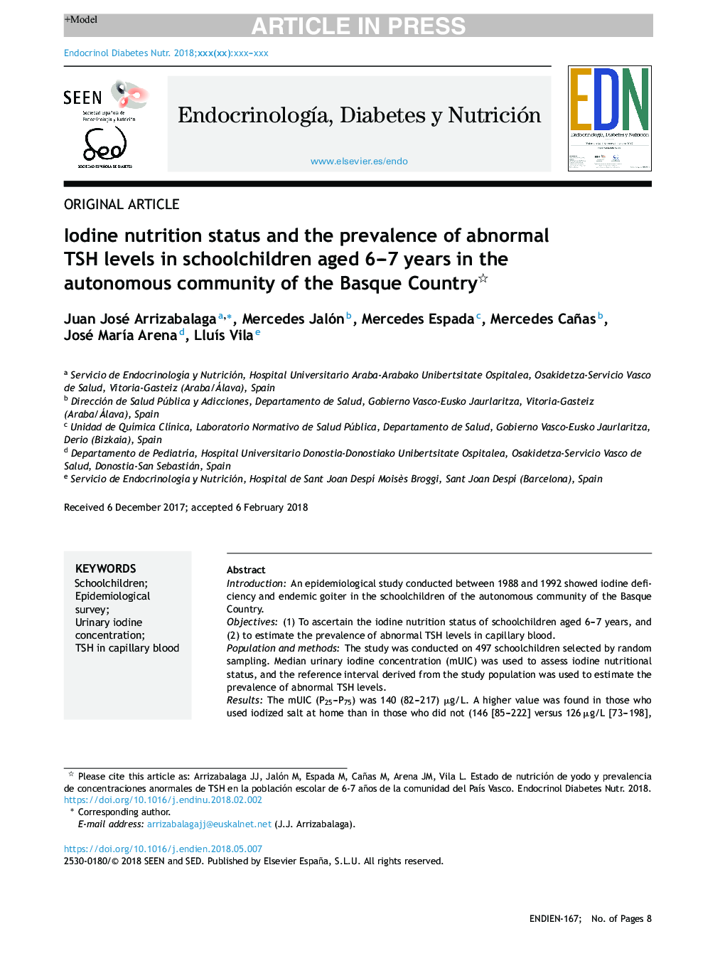 Iodine nutrition status and the prevalence of abnormal TSH levels in schoolchildren aged 6-7 years in the autonomous community of the Basque Country