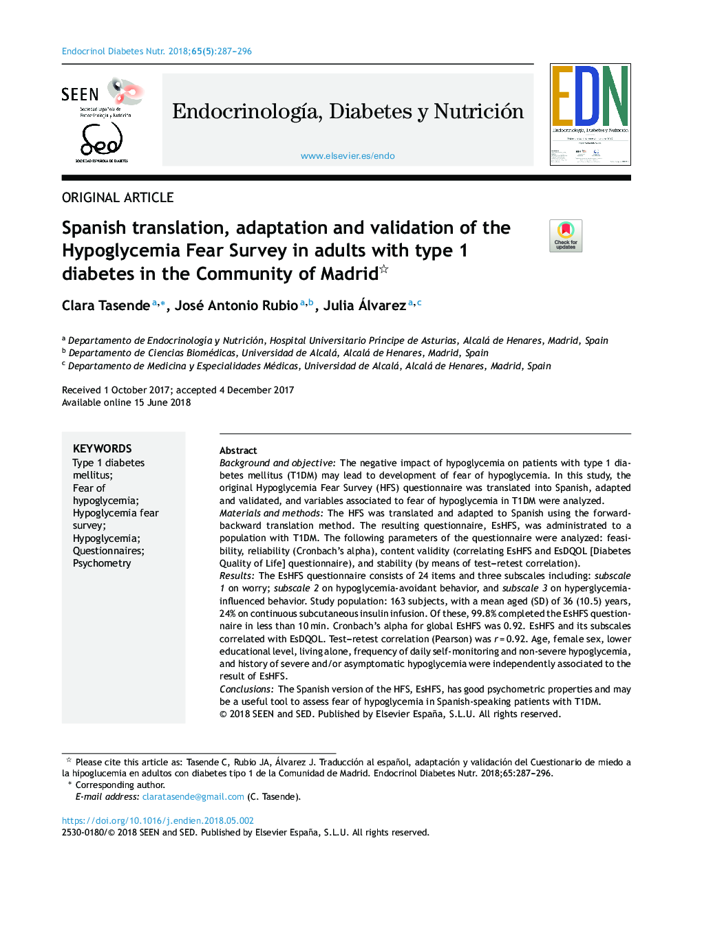 ترجمه اسپانیایی، تطبیق و اعتبار سنجی هورمون هیپوگلیسمی در بزرگسالان مبتلا به دیابت نوع 1 در جامعه مادرید