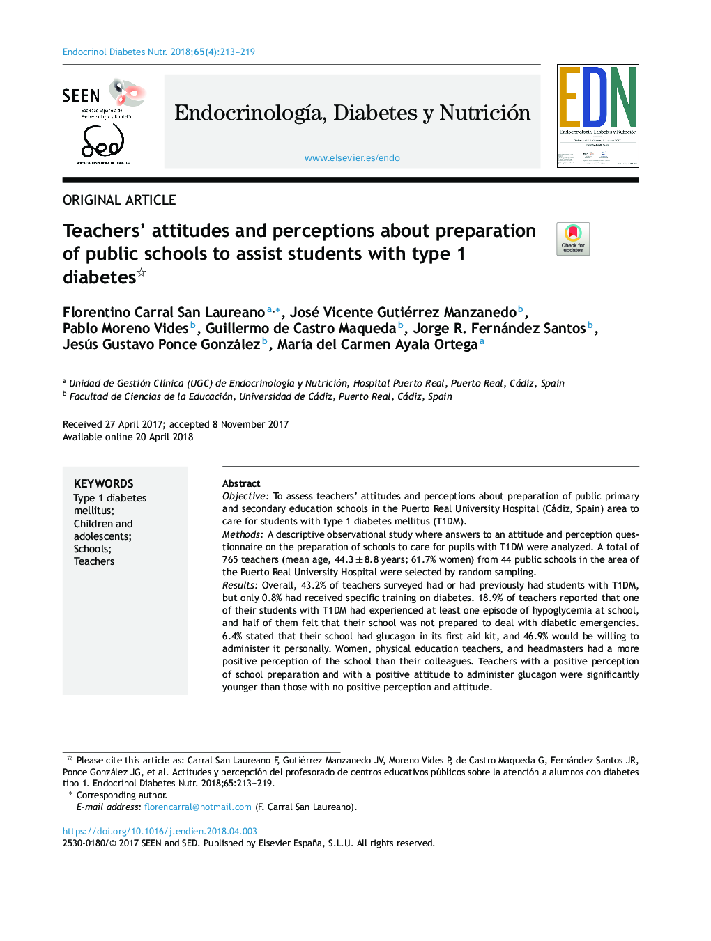 Teachers' attitudes and perceptions about preparation of public schools to assist students with type 1 diabetes