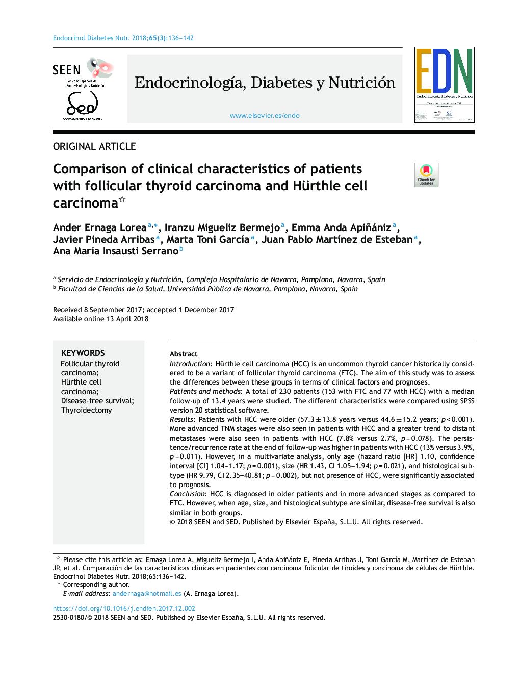 Comparison of clinical characteristics of patients with follicular thyroid carcinoma and Hürthle cell carcinoma