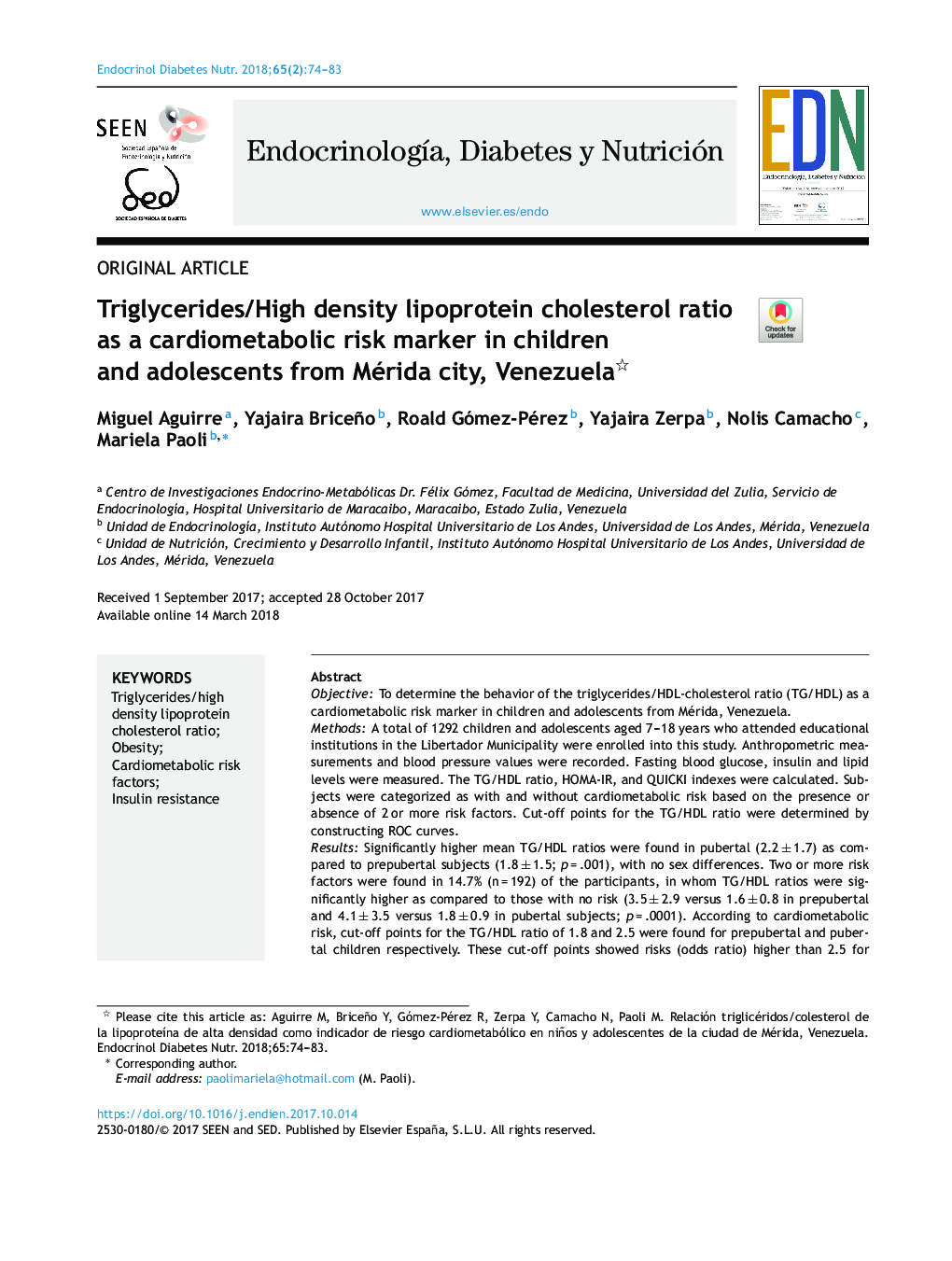 Triglycerides/High density lipoprotein cholesterol ratio as a cardiometabolic risk marker in children and adolescents from Mérida city, Venezuela