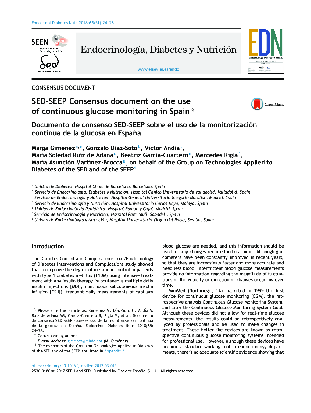 عکس صفحه اول مقاله: SED-SEEP Consensus document on the use of continuous glucose monitoring in Spain SED-SEEP Consensus document on the use of continuous glucose monitoring in Spain