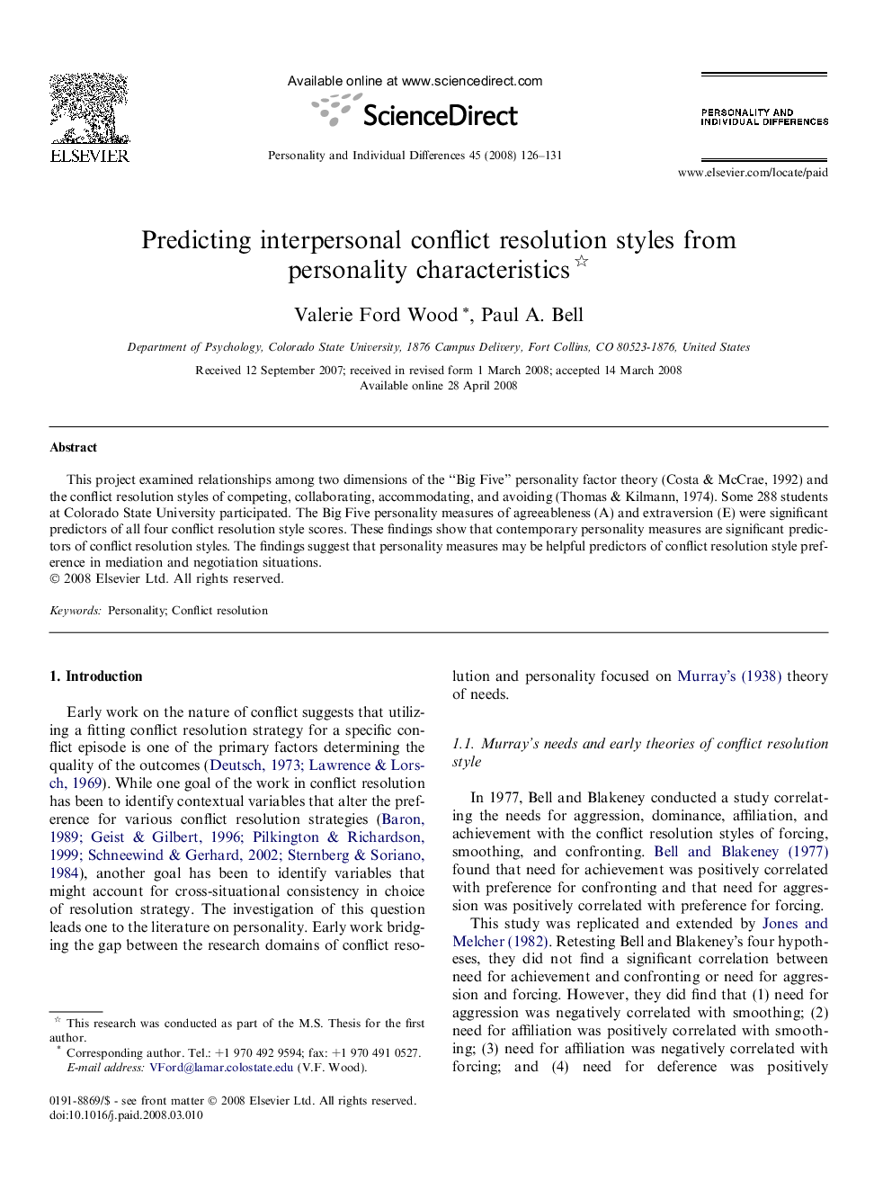 Predicting interpersonal conflict resolution styles from personality characteristics 