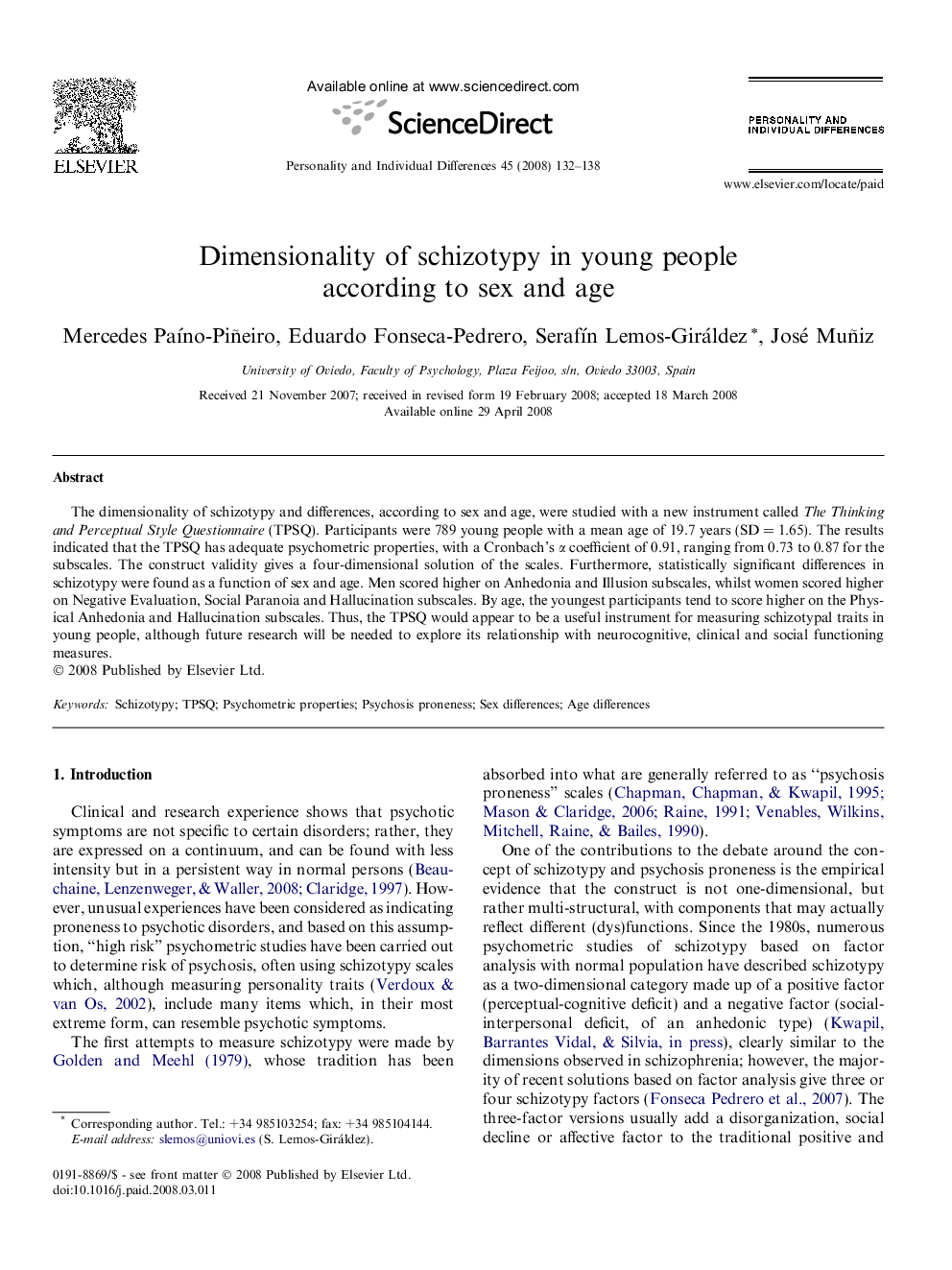 Dimensionality of schizotypy in young people according to sex and age