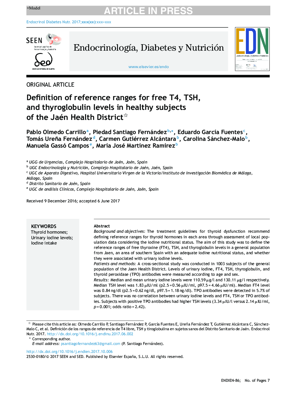 Definition of reference ranges for free T4, TSH, and thyroglobulin levels in healthy subjects of the Jaén Health District