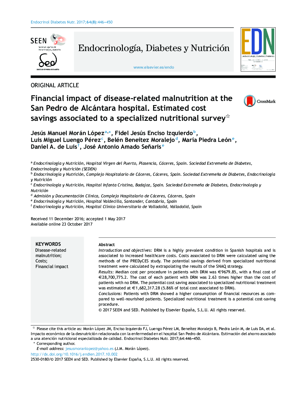 Financial impact of disease-related malnutrition at the San Pedro de Alcántara hospital. Estimated cost savings associated to a specialized nutritional survey