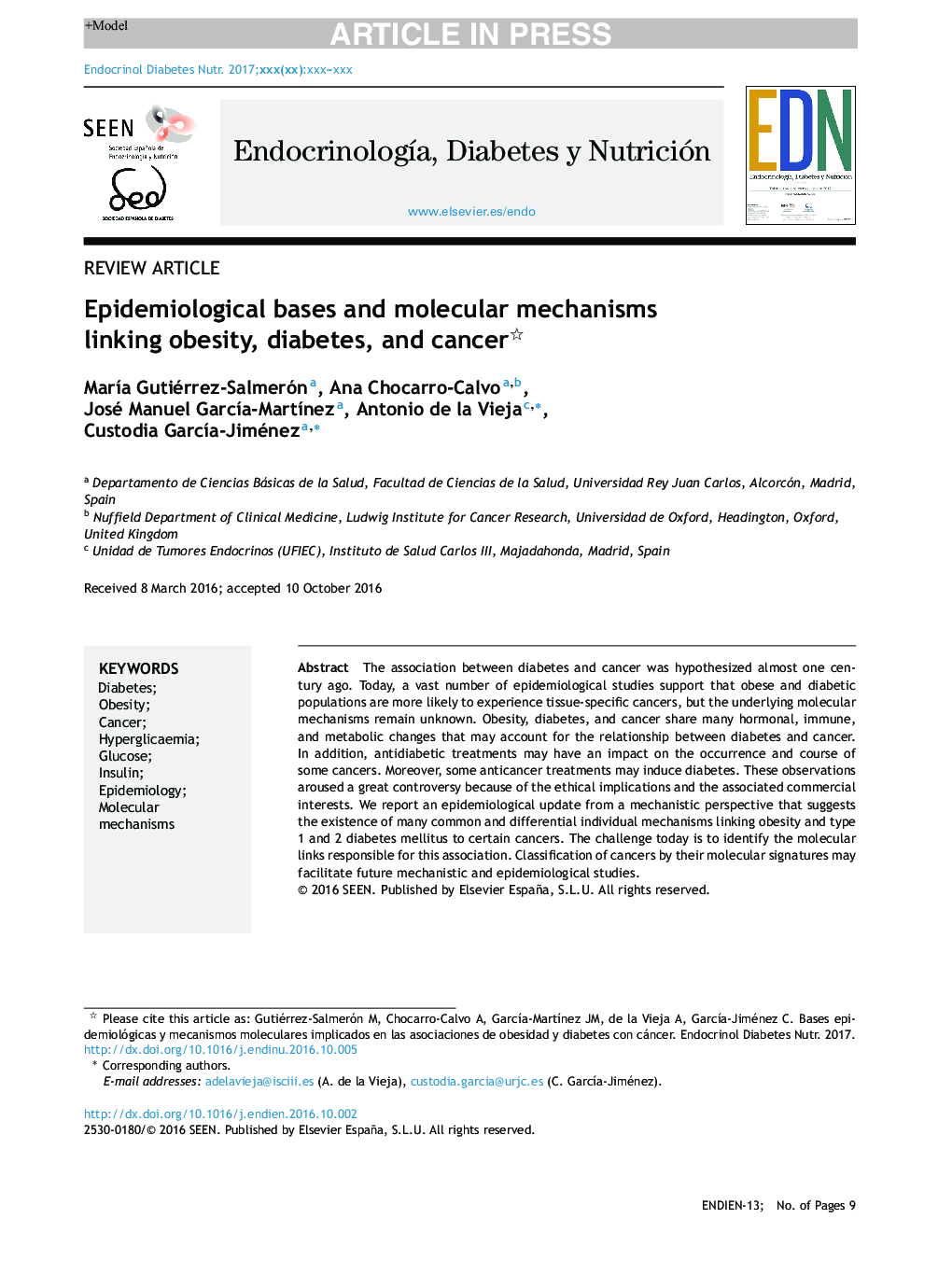 Epidemiological bases and molecular mechanisms linking obesity, diabetes, and cancer