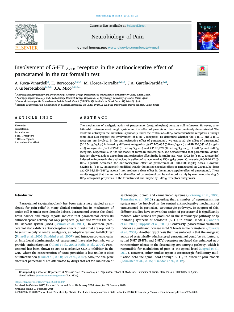 Involvement of 5-HT1A/1B receptors in the antinociceptive effect of paracetamol in the rat formalin test