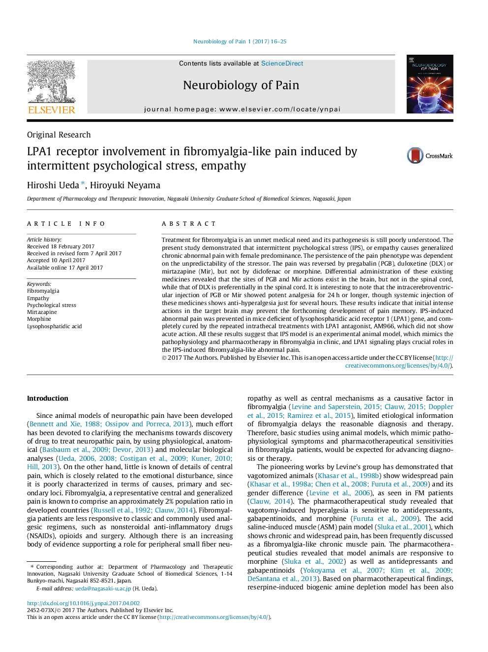 LPA1 receptor involvement in fibromyalgia-like pain induced by intermittent psychological stress, empathy