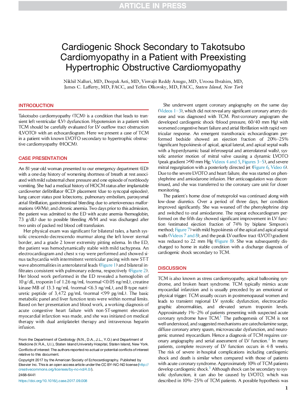 Cardiogenic Shock Secondary to Takotsubo Cardiomyopathy in a Patient with Preexisting Hypertrophic Obstructive Cardiomyopathy