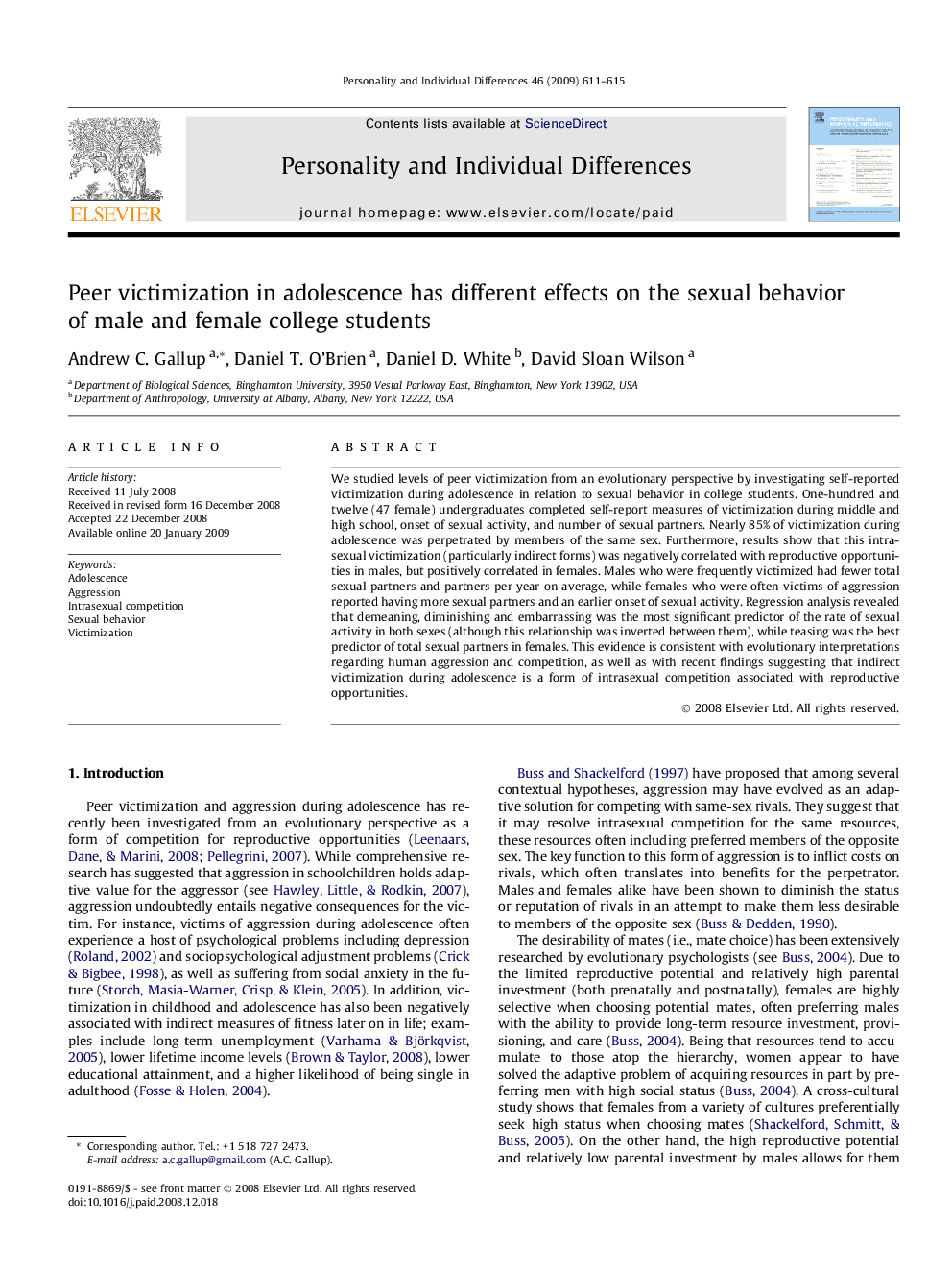 Peer victimization in adolescence has different effects on the sexual behavior of male and female college students