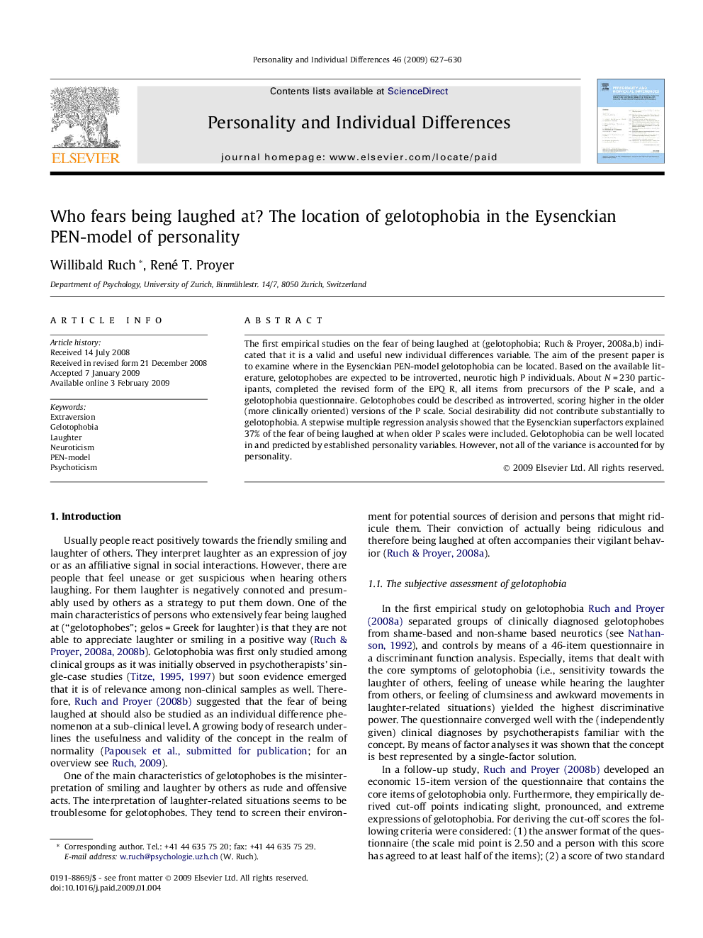 Who fears being laughed at? The location of gelotophobia in the Eysenckian PEN-model of personality