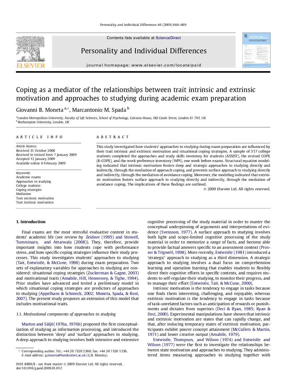 Coping as a mediator of the relationships between trait intrinsic and extrinsic motivation and approaches to studying during academic exam preparation