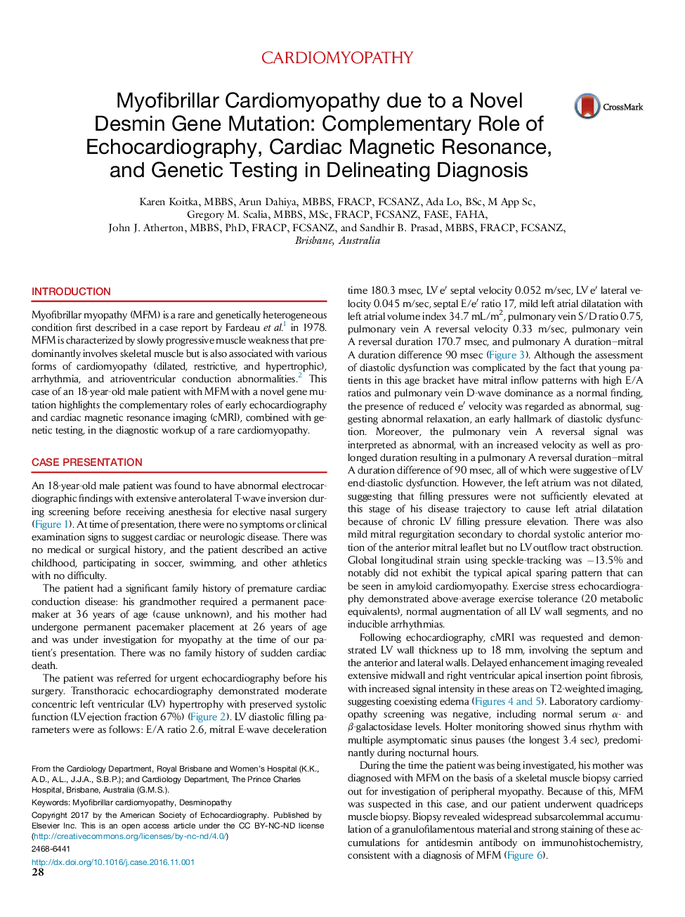 Myofibrillar Cardiomyopathy due to a Novel Desmin Gene Mutation: Complementary Role of Echocardiography, Cardiac Magnetic Resonance, and Genetic Testing in Delineating Diagnosis