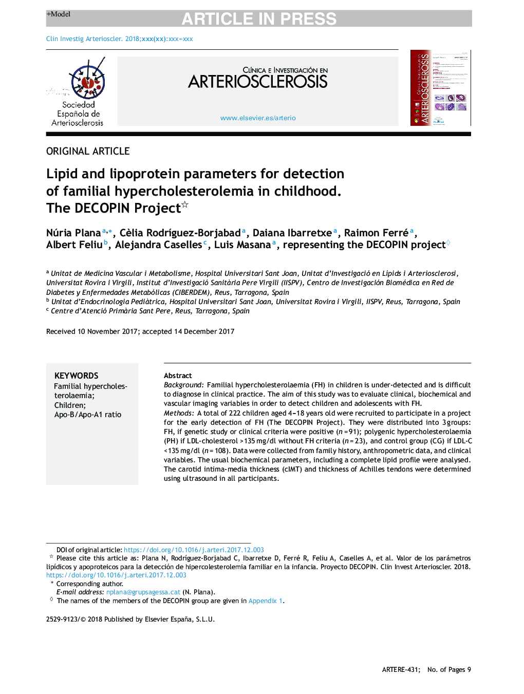 Lipid and lipoprotein parameters for detection of familial hypercholesterolemia in childhood. The DECOPIN Project