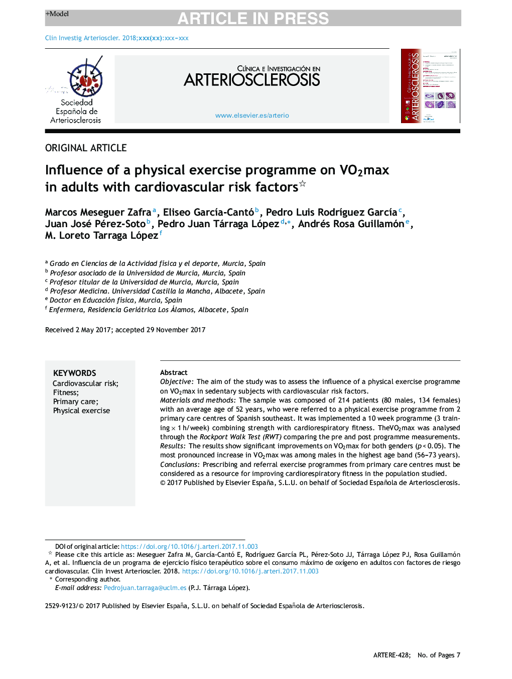 Influence of a physical exercise programme on VO2max in adults with cardiovascular risk factors