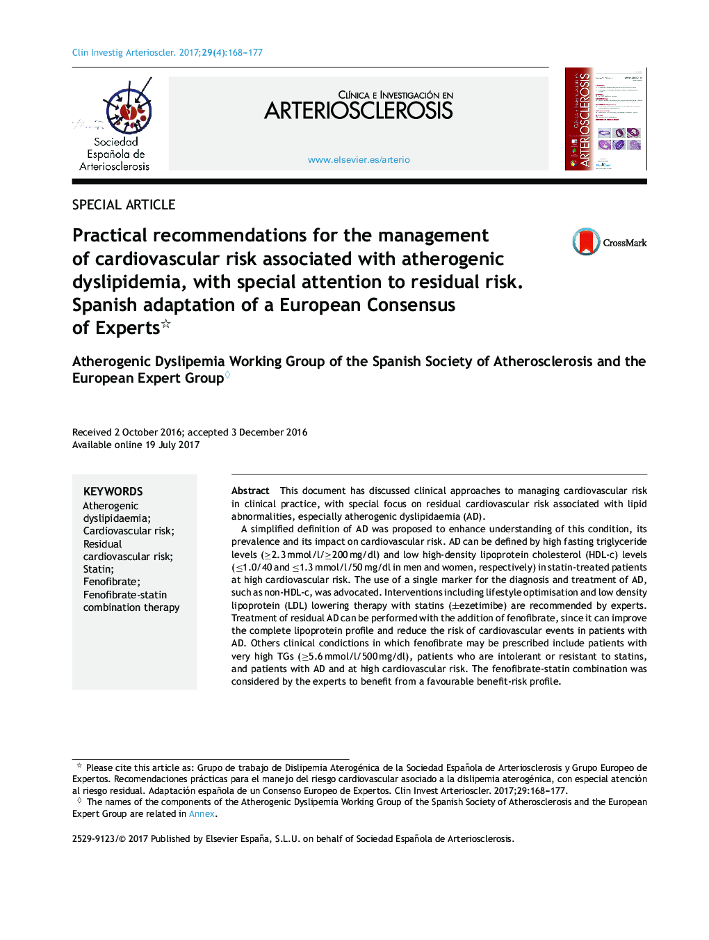 Practical recommendations for the management of cardiovascular risk associated with atherogenic dyslipidemia, with special attention to residual risk. Spanish adaptation of a European Consensus of Experts