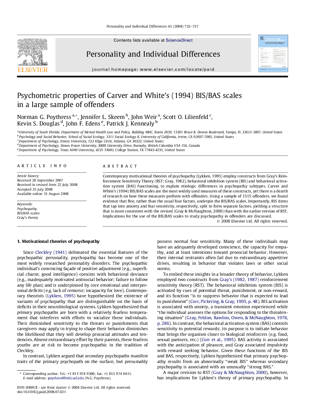 Psychometric properties of Carver and White’s (1994) BIS/BAS scales in a large sample of offenders