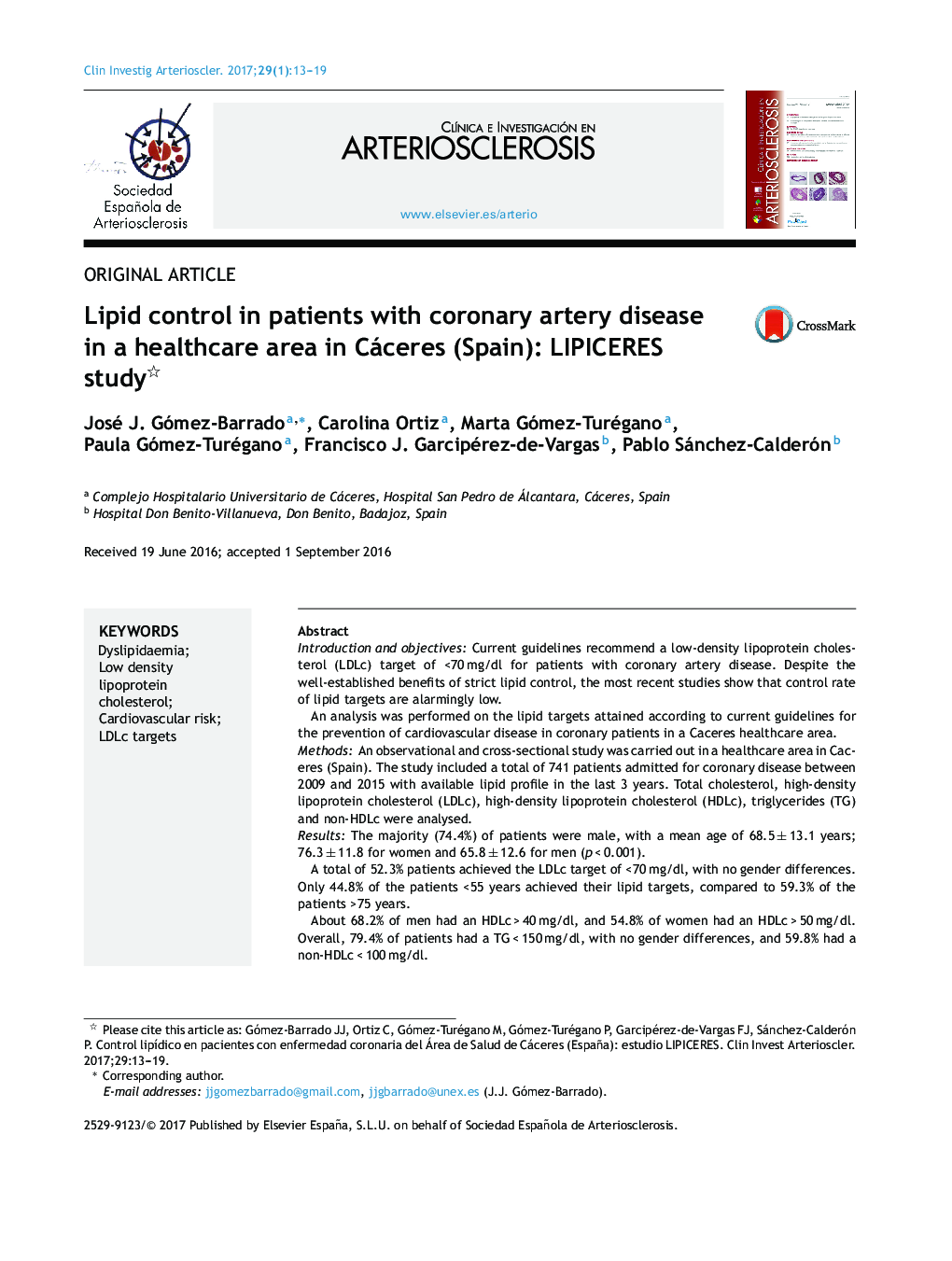 Lipid control in patients with coronary artery disease in a healthcare area in Cáceres (Spain): LIPICERES study