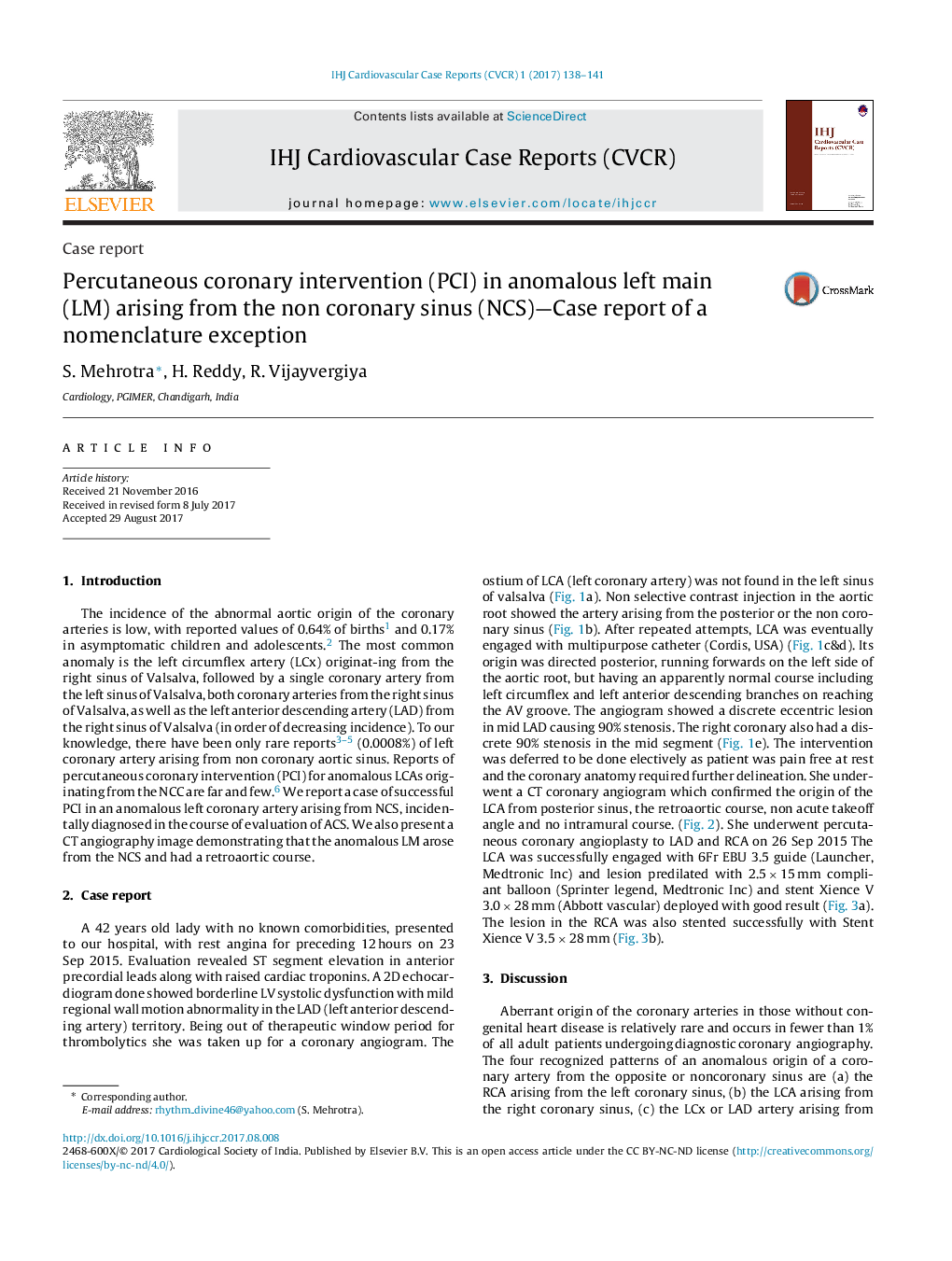 Percutaneous coronary intervention (PCI) in anomalous left main (LM) arising from the non coronary sinus (NCS)-Case report of a nomenclature exception