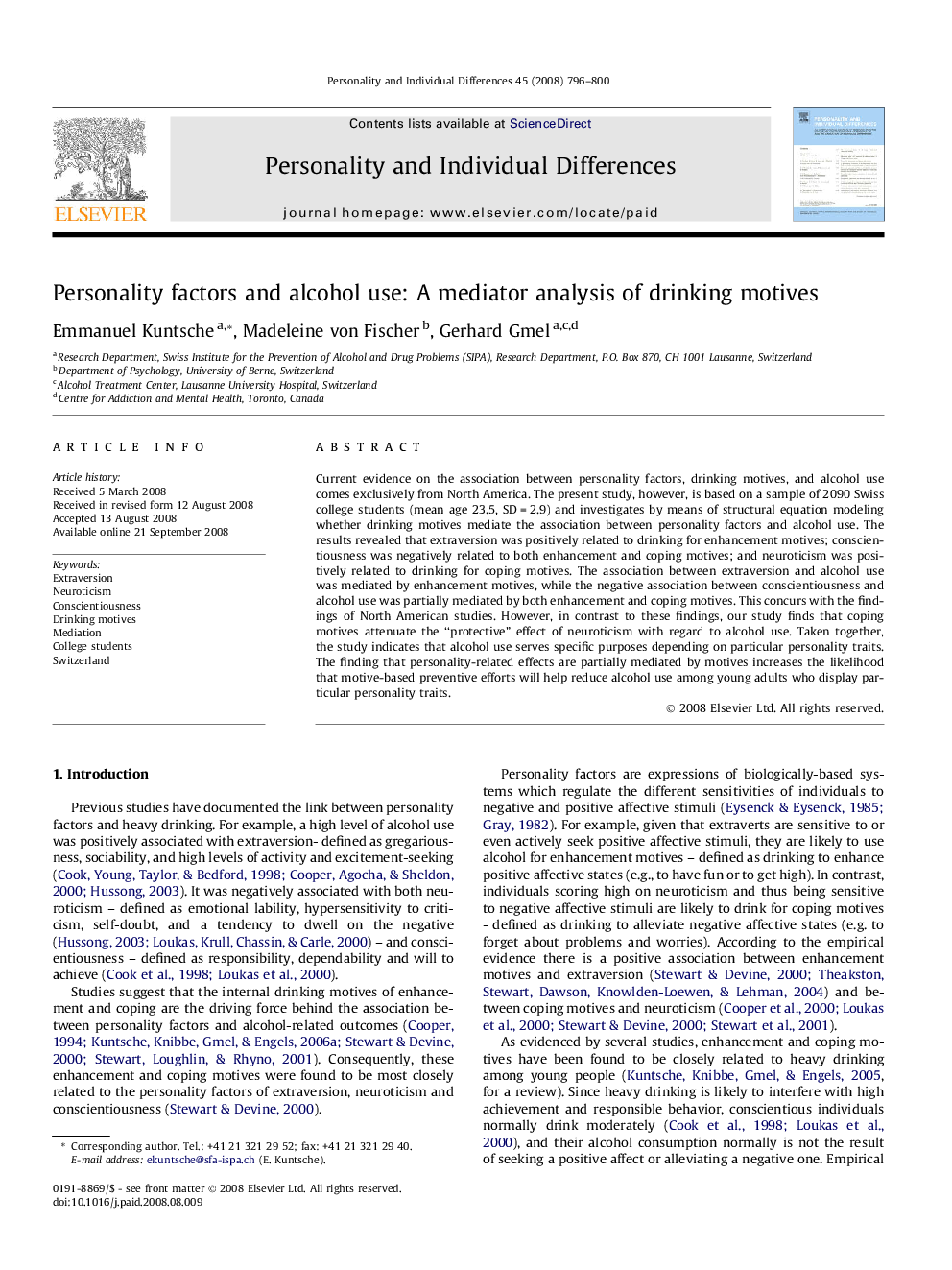 Personality factors and alcohol use: A mediator analysis of drinking motives