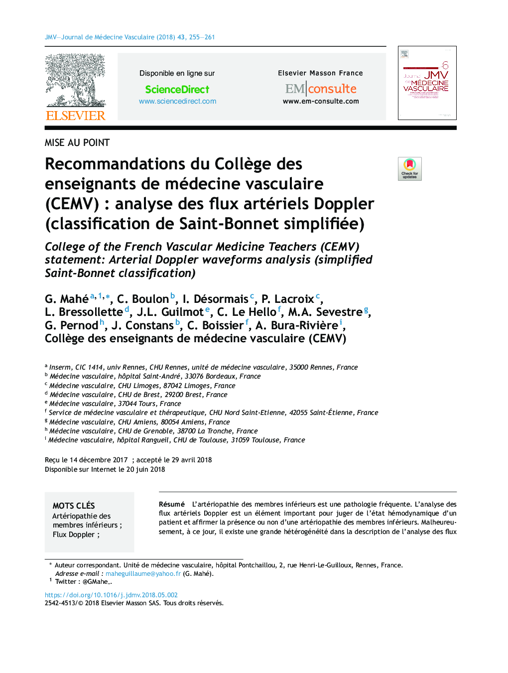 Recommandations du CollÃ¨ge des enseignants de médecine vasculaire (CEMV)Â : analyse des flux artériels Doppler (classification de Saint-Bonnet simplifiée)