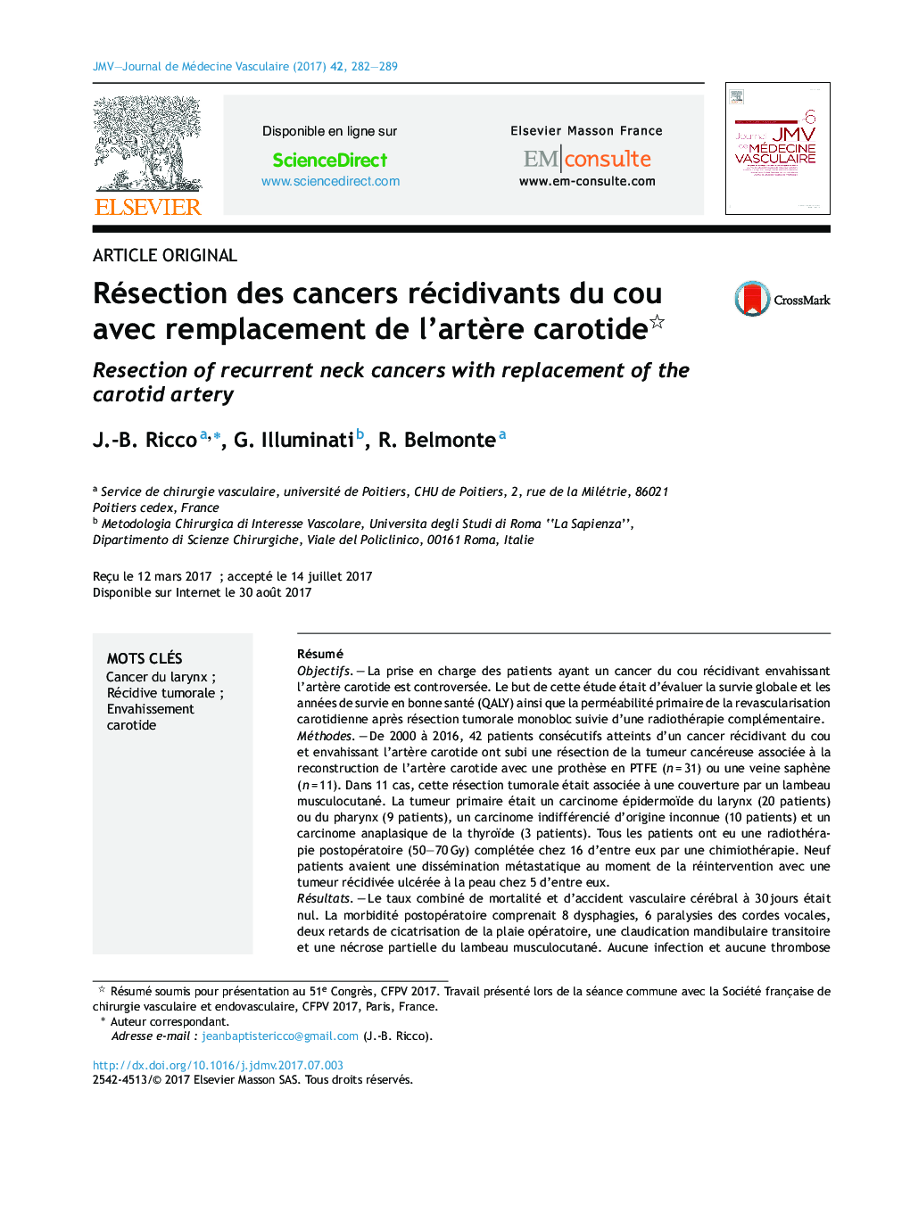 Résection des cancers récidivants du cou avec remplacement de l'artÃ¨re carotide