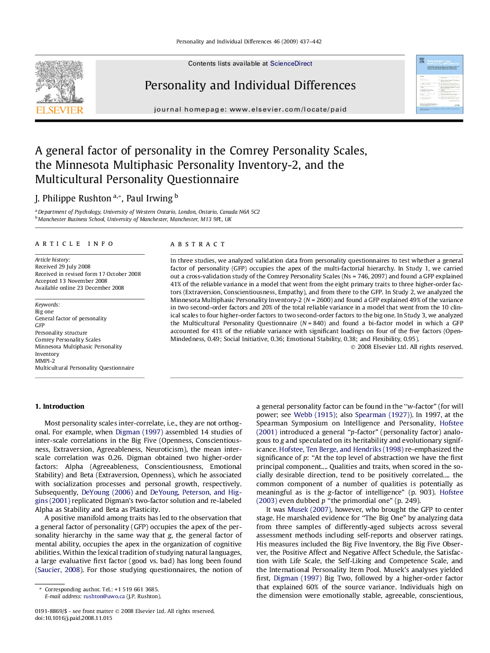 A general factor of personality in the Comrey Personality Scales, the Minnesota Multiphasic Personality Inventory-2, and the Multicultural Personality Questionnaire