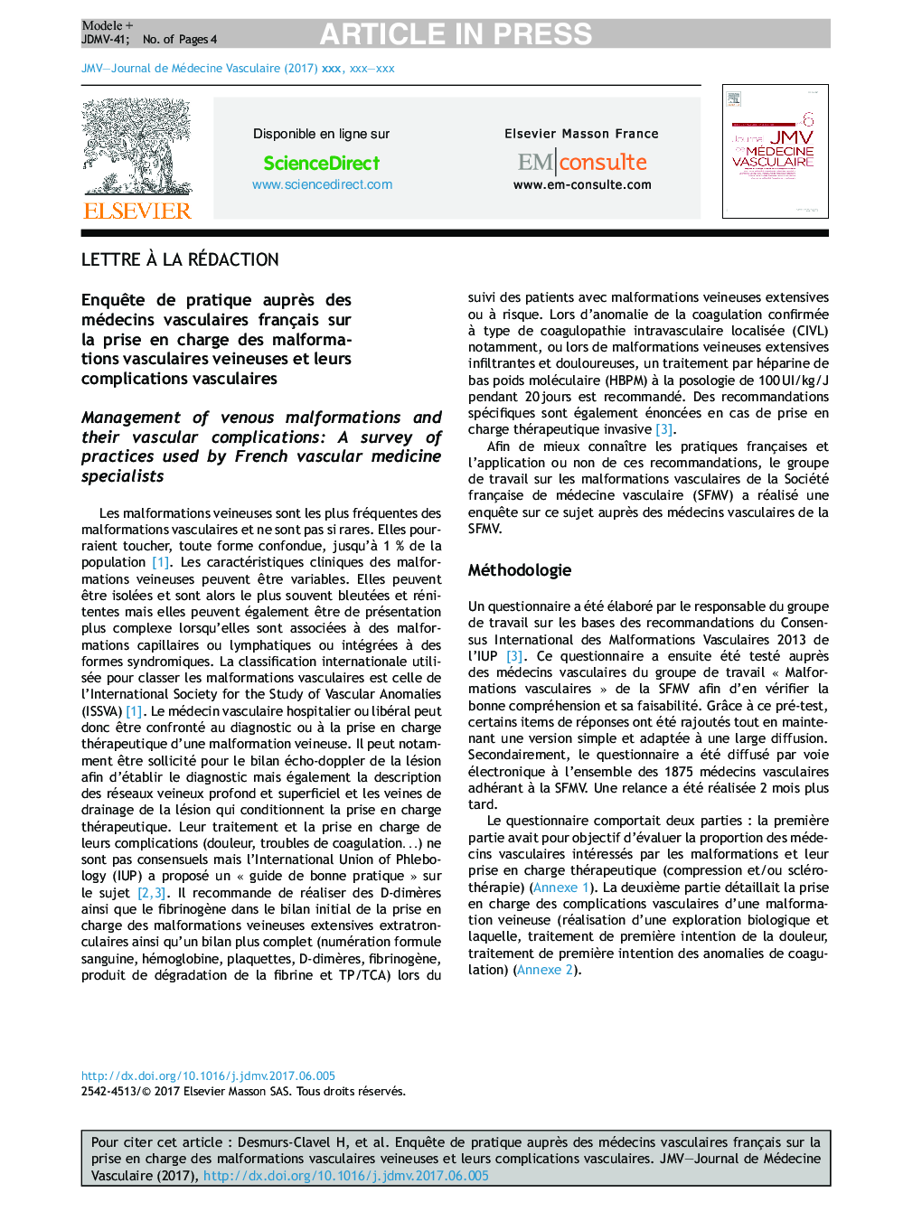عکس صفحه اول مقاله: Enquête de pratique auprès des médecins vasculaires français sur la prise en charge des malformations vasculaires veineuses et leurs complications vasculaires Enquête de pratique auprès des médecins vasculaires français sur la prise en charge des malformations vasculaires veineuses et leurs complications vasculaires