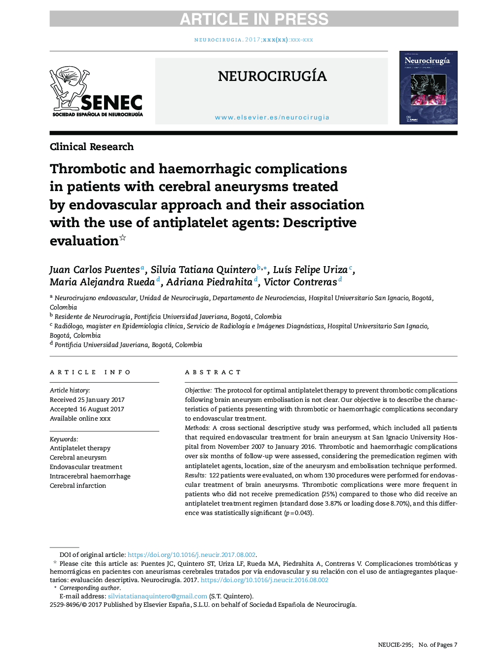 Thrombotic and haemorrhagic complications in patients with cerebral aneurysms treated by endovascular approach and their association with the use of antiplatelet agents: Descriptive evaluation