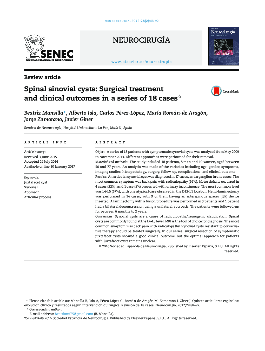 Spinal sinovial cysts: Surgical treatment and clinical outcomes in a series of 18 cases