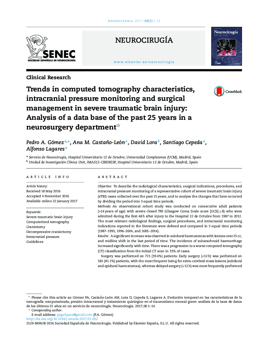 Trends in computed tomography characteristics, intracranial pressure monitoring and surgical management in severe traumatic brain injury: Analysis of a data base of the past 25 years in a neurosurgery department