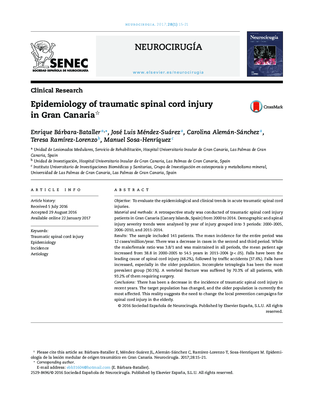 Epidemiology of traumatic spinal cord injury in Gran Canaria