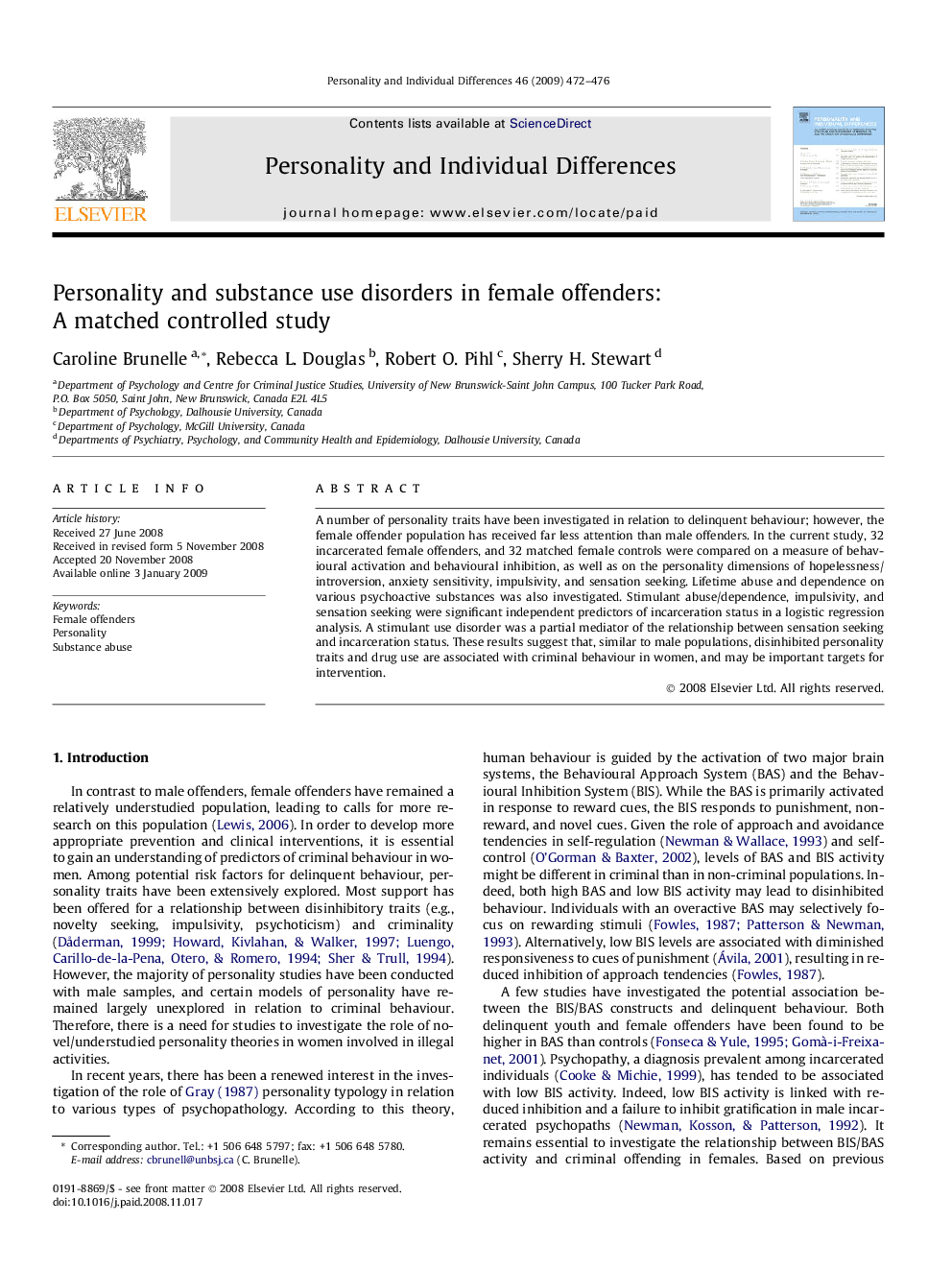 Personality and substance use disorders in female offenders: A matched controlled study