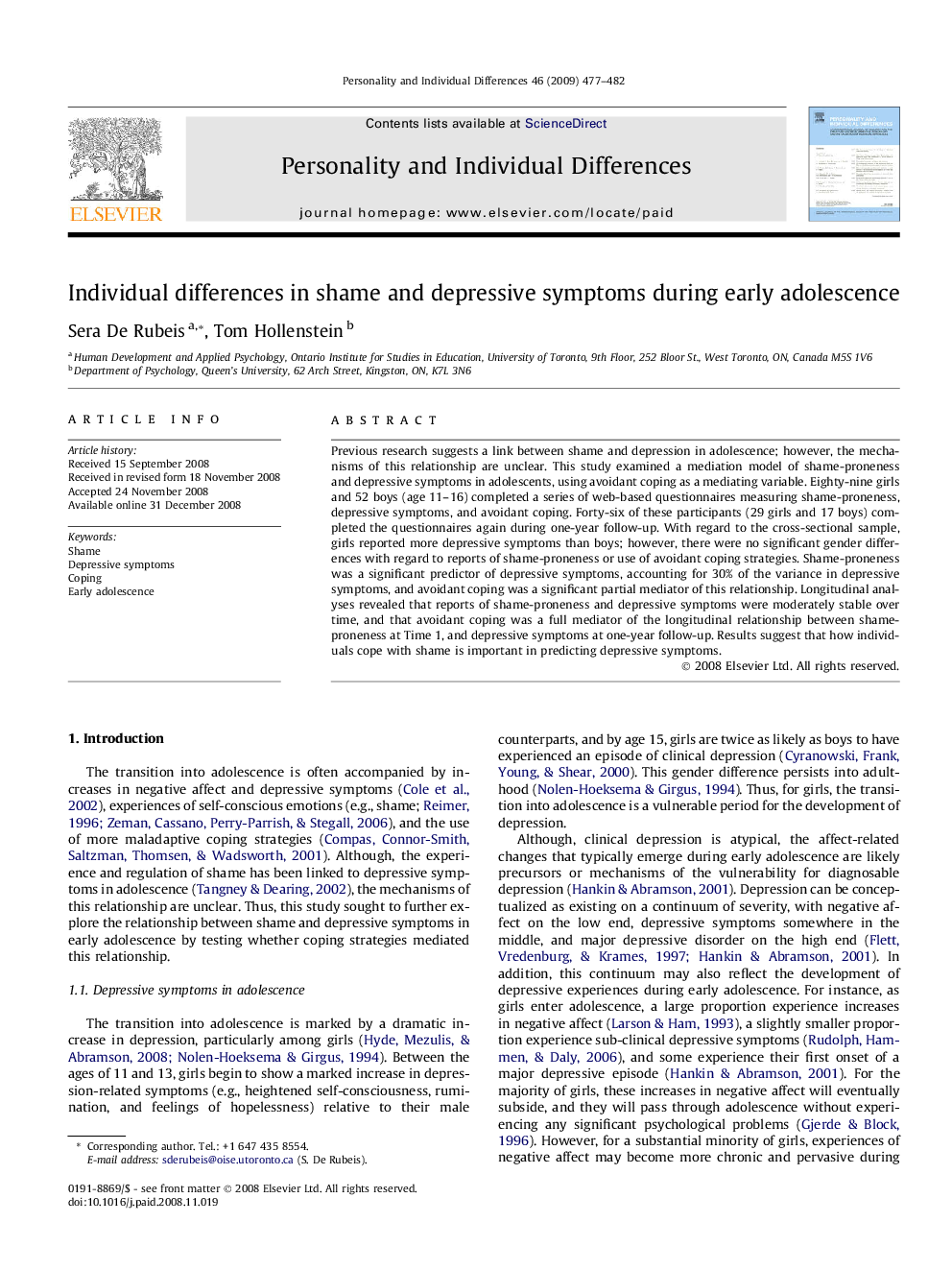 Individual differences in shame and depressive symptoms during early adolescence