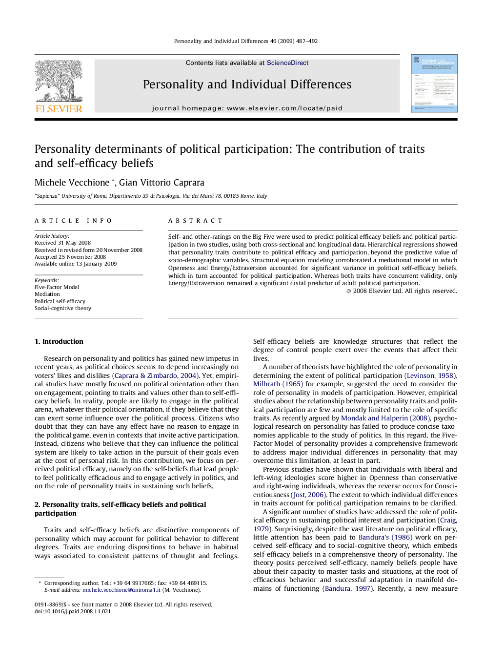 Personality determinants of political participation: The contribution of traits and self-efficacy beliefs